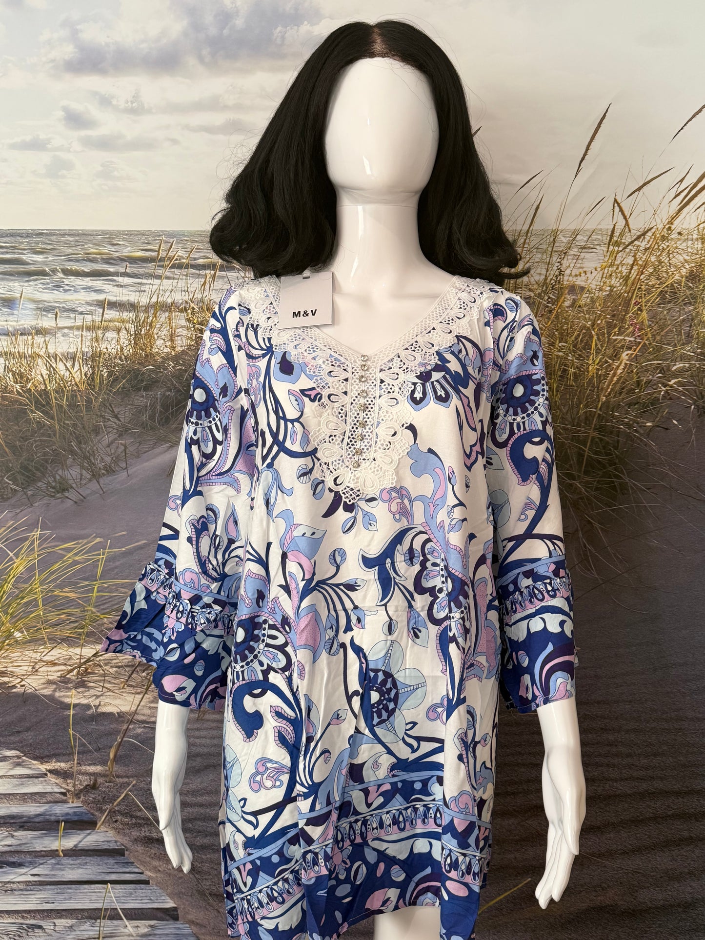 Tunique Chic à Motifs Bleu | Dentelle