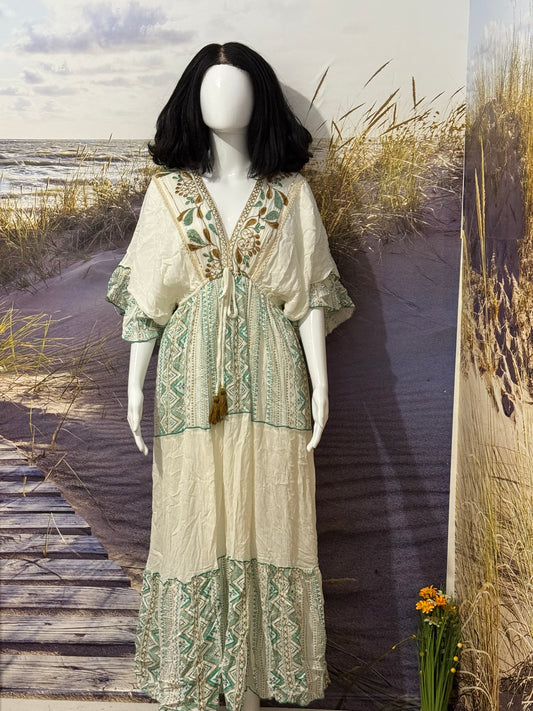 Robe Longue Bohème Brodée | Écru & Vert